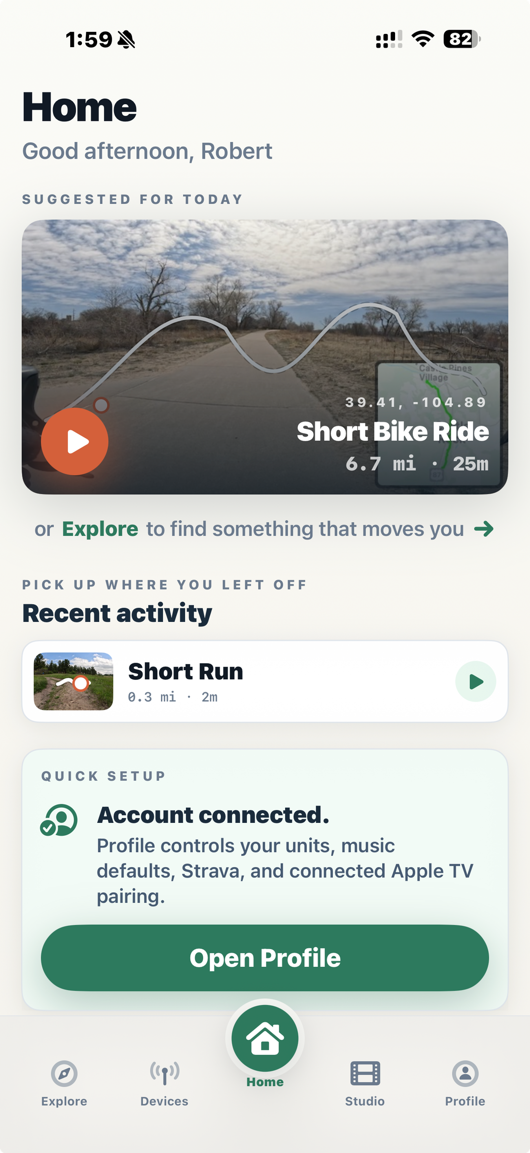 TerraFlo Home tab with route and activity history