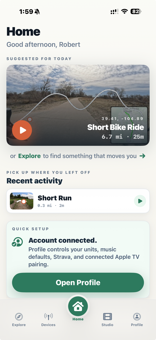 TerraFlo Home tab on iPhone showing a suggested route, recent activity, and quick setup card