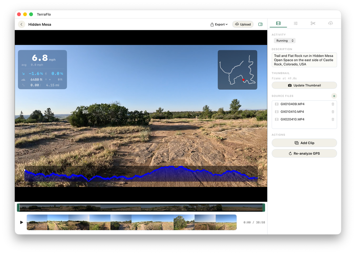 TerraFlo Studio editor on macOS showing a trail video with live metric overlays, a route minimap, an elevation profile, and an inspector panel