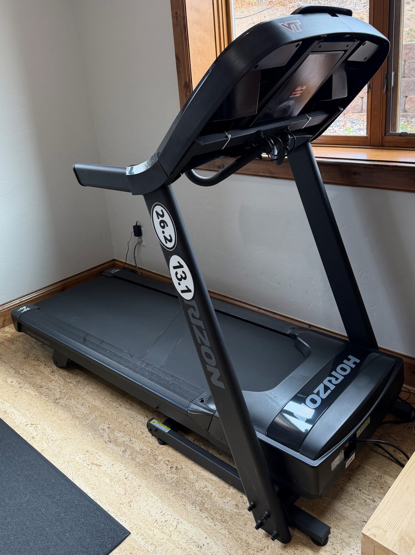 A Horizon treadmill set up in a home workout space